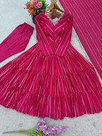 Evanik Ranipink Mal Chanderi Real Mirror With Handwork Wedding Anarkali Suit - Distacart
