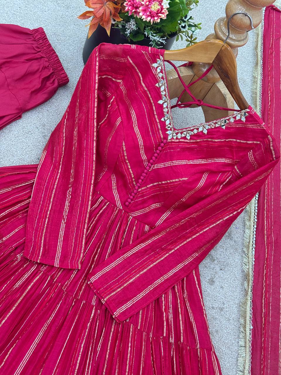 Evanik Ranipink Mal Chanderi Real Mirror With Handwork Wedding Anarkali Suit - Distacart