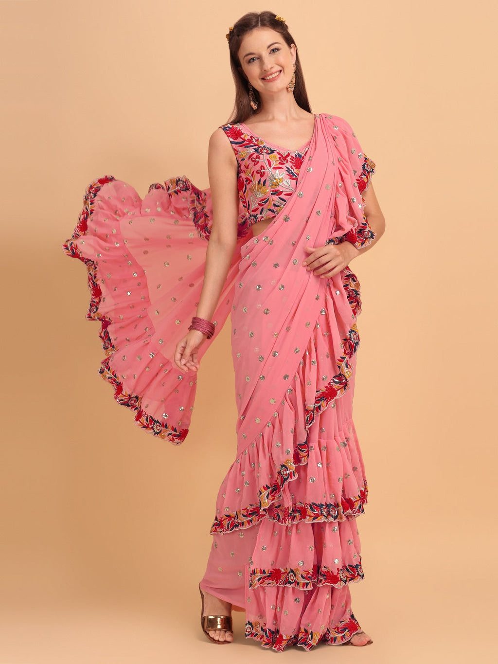 Evanik Peach Embroidered Work Ruffled Saree With Unstitched Blouse