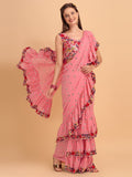 Evanik Peach Embroidered Work Ruffled Saree With Unstitched Blouse