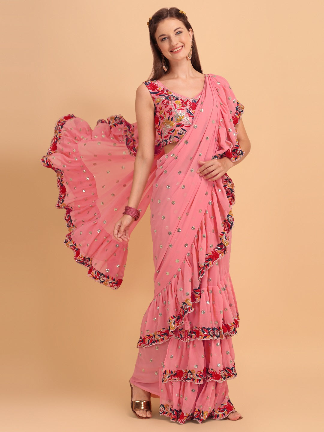 Evanik Peach Embroidered Work Ruffled Saree With Unstitched Blouse