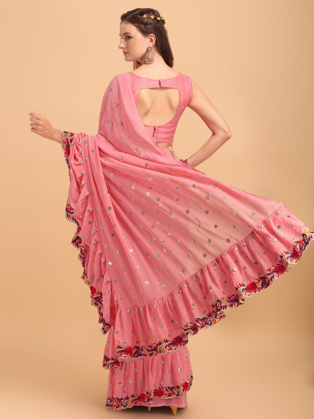 Evanik Peach Embroidered Work Ruffled Saree With Unstitched Blouse