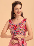 Evanik Peach Embroidered Work Ruffled Saree With Unstitched Blouse