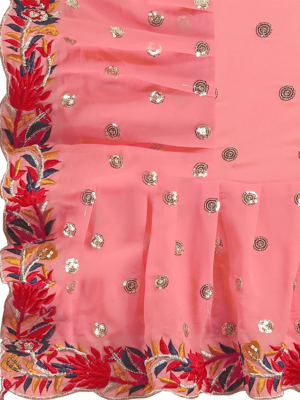 Evanik Peach Embroidered Work Ruffled Saree With Unstitched Blouse
