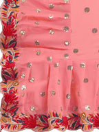 Evanik Peach Embroidered Work Ruffled Saree With Unstitched Blouse