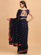 Evanik Navy Blue Embroidered Work Ruffled Saree With Unstitched Blouse