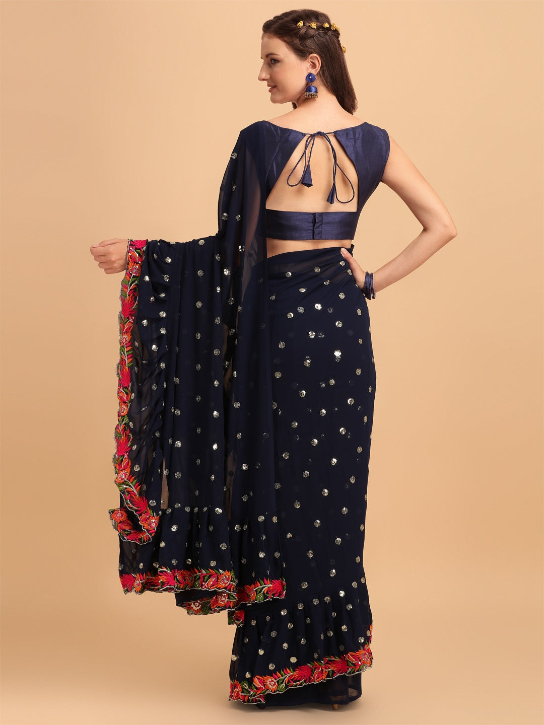 Evanik Navy Blue Embroidered Work Ruffled Saree With Unstitched Blouse