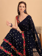 Evanik Navy Blue Embroidered Work Ruffled Saree With Unstitched Blouse