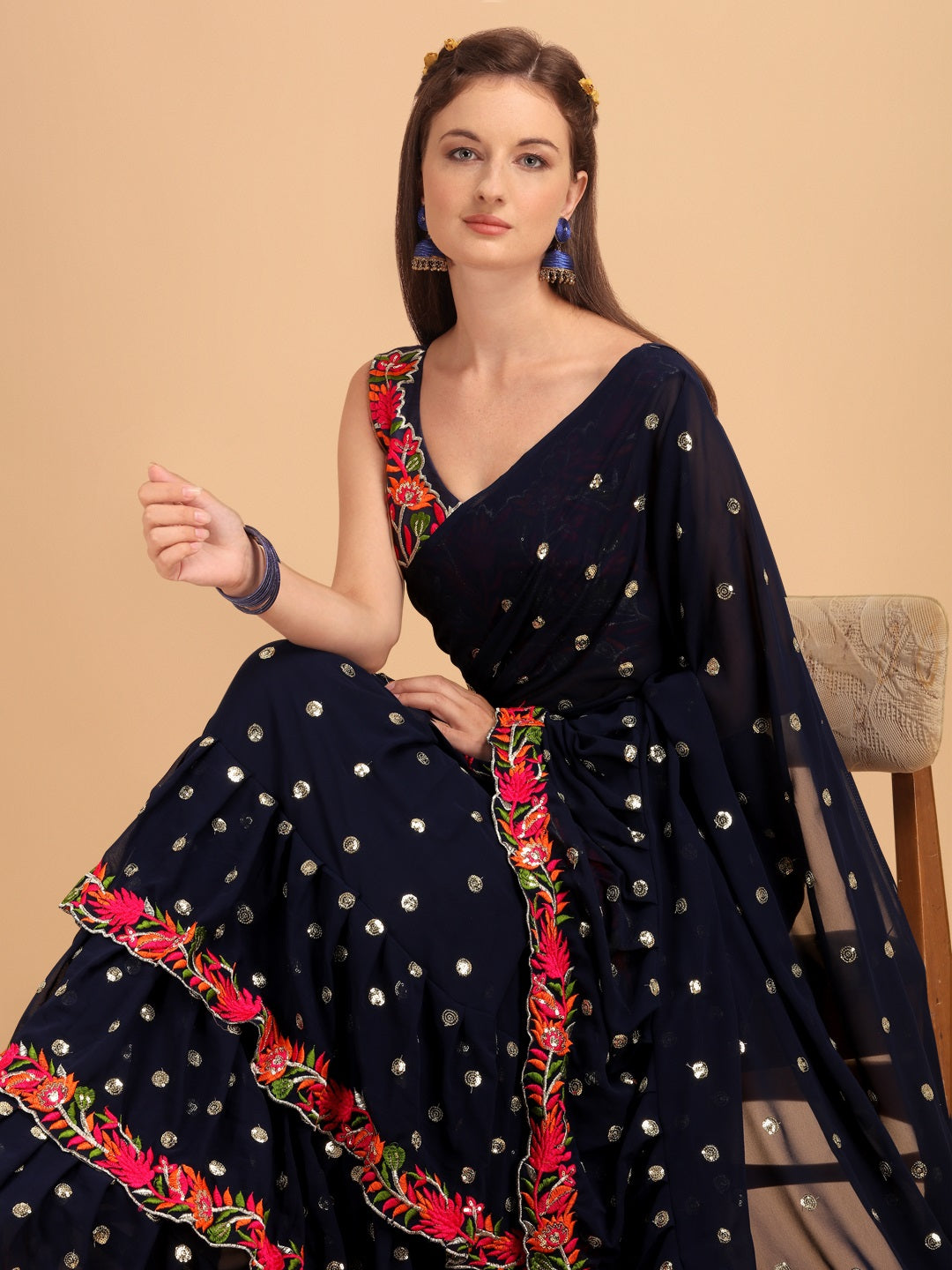 Evanik Navy Blue Embroidered Work Ruffled Saree With Unstitched Blouse