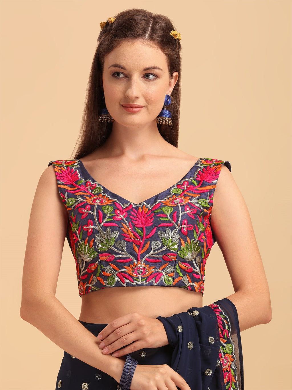 Evanik Navy Blue Embroidered Work Ruffled Saree With Unstitched Blouse