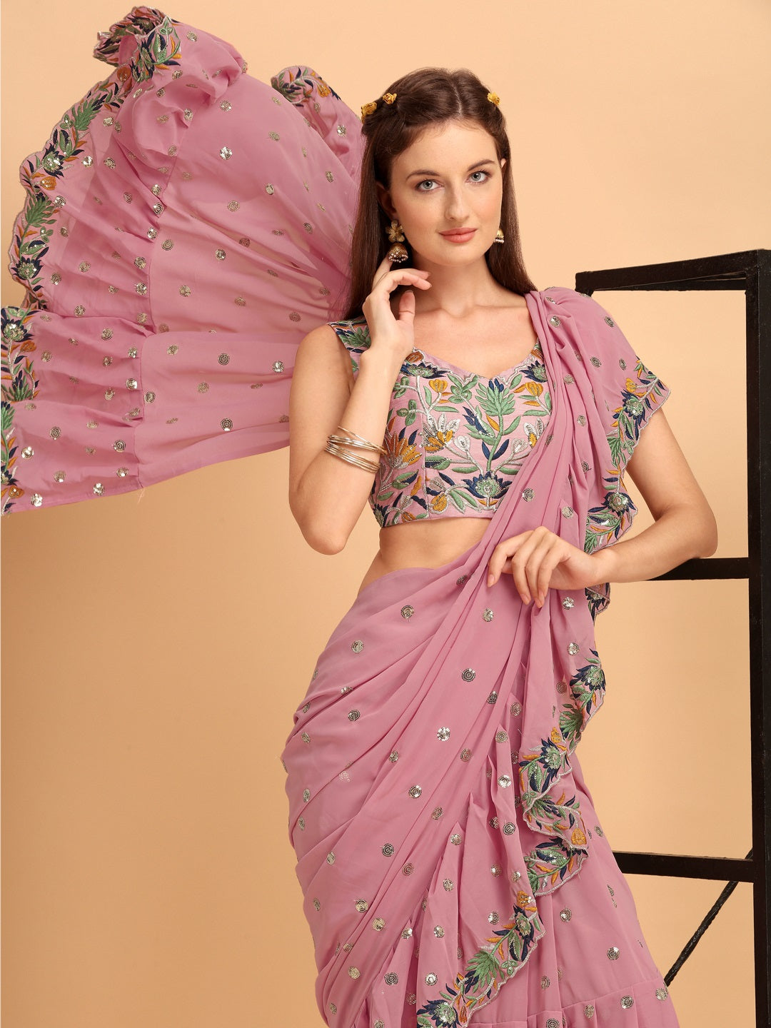 Evanik Pink Embroidered Work Ruffled Saree With Unstitched Blouse