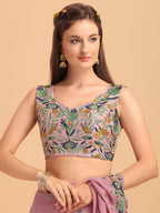 Evanik Pink Embroidered Work Ruffled Saree With Unstitched Blouse