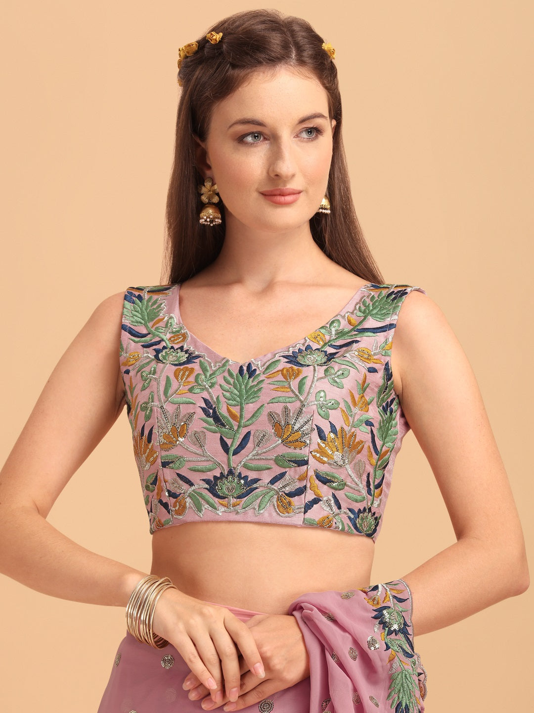 Evanik Pink Embroidered Work Ruffled Saree With Unstitched Blouse