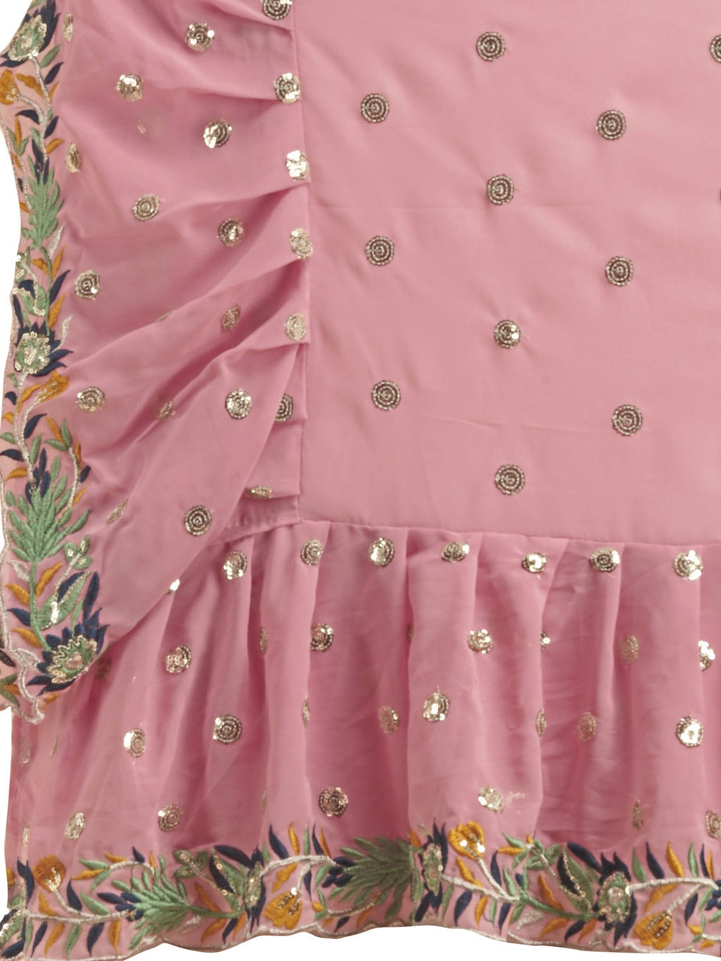 Evanik Pink Embroidered Work Ruffled Saree With Unstitched Blouse