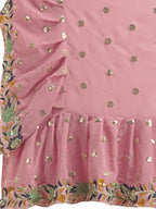 Evanik Pink Embroidered Work Ruffled Saree With Unstitched Blouse