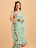 Evanik Seagreen Embroidered Work Ruffled Saree With Unstitched Blouse