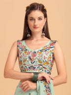 Evanik Seagreen Embroidered Work Ruffled Saree With Unstitched Blouse