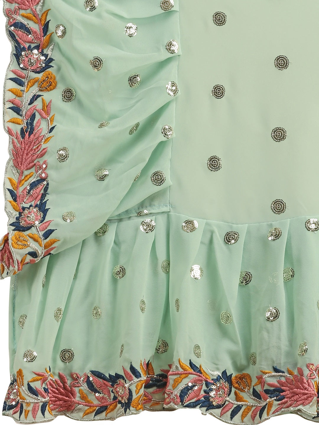 Evanik Seagreen Embroidered Work Ruffled Saree With Unstitched Blouse