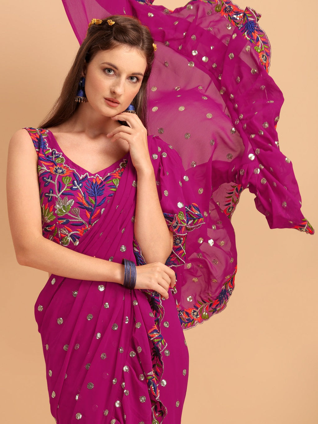 Evanik Rani Pink Embroidered Work Ruffled Saree With Unstitched Blouse