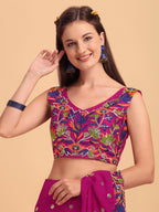 Evanik Rani Pink Embroidered Work Ruffled Saree With Unstitched Blouse