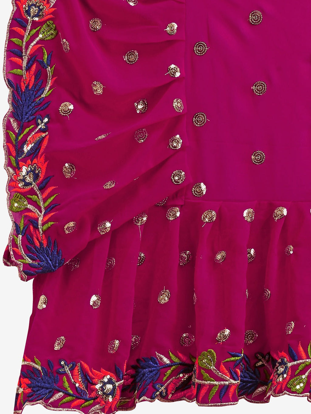 Evanik Rani Pink Embroidered Work Ruffled Saree With Unstitched Blouse