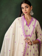Sangria Purple Floral Embroidered Thread Work Pure Cotton Kurta & Palazzos With Dupatta