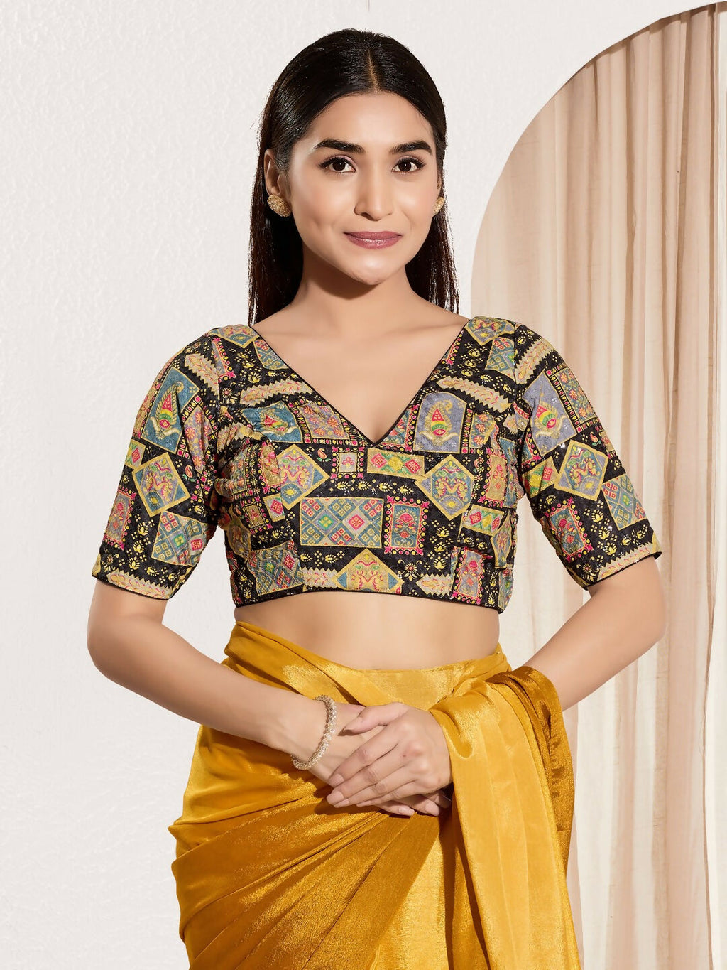 Joban Fashion Black Viscose Rayon Padded Blouse With V Neck Elbow Sleeves - Distacart