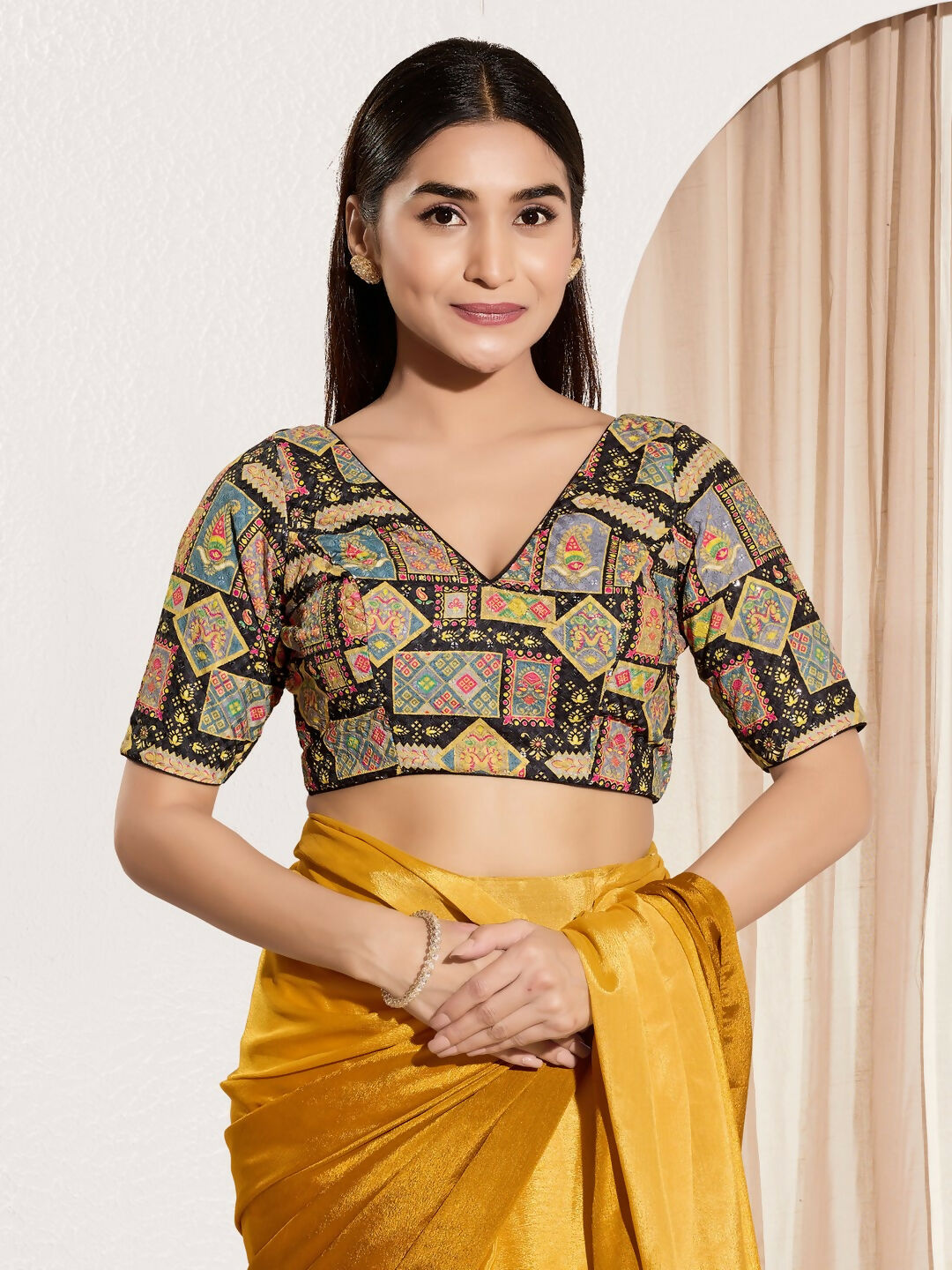 Joban Fashion Black Viscose Rayon Padded Blouse With V Neck Elbow Sleeves - Distacart