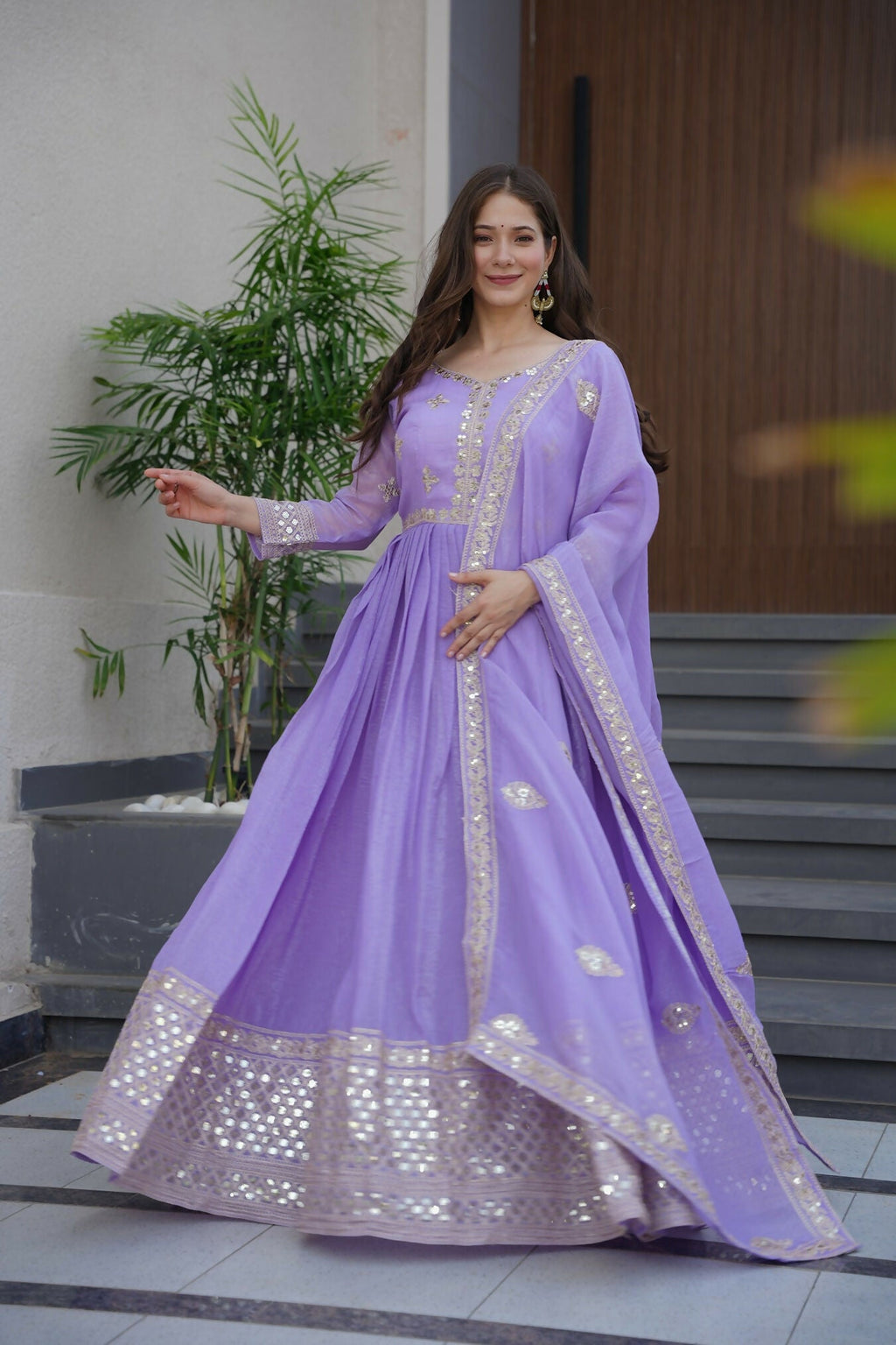 Teeya Creation Lavender Color Crunchy Silk Wedding Wear Embroidery Work Long Gown - Distacart