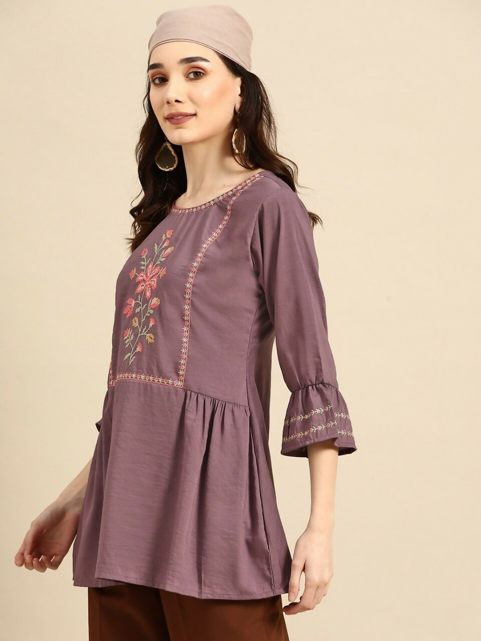 Women's Purple Viscose blend Embroidered Short Top - Marina