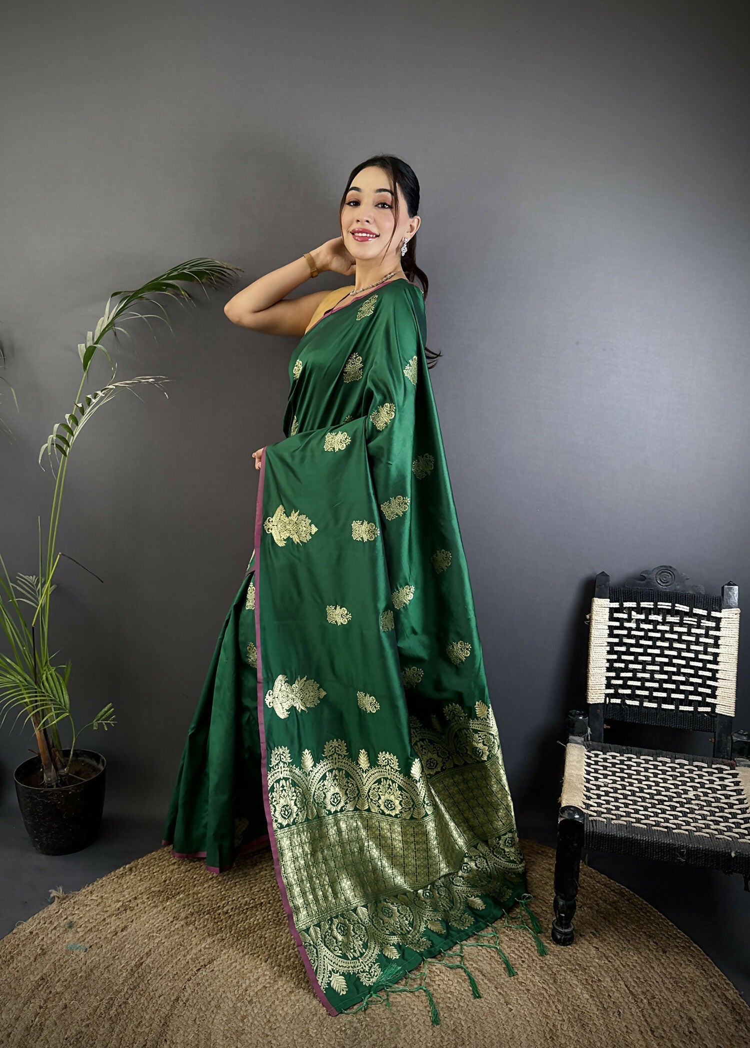 Joban Fashion Dark Green Banarasi Lichi Silk Gold Zari Meena Saree - Distacart