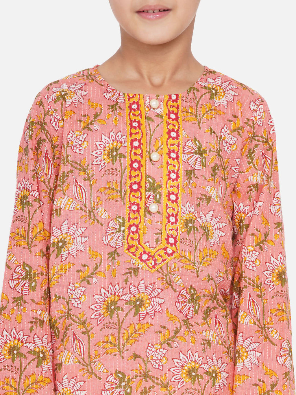 Little Bansi Boys Bengali Kantha work floral kurta & Dhoti - Pink & White