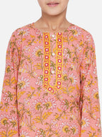 Little Bansi Boys Bengali Kantha work floral kurta & Dhoti - Pink & White