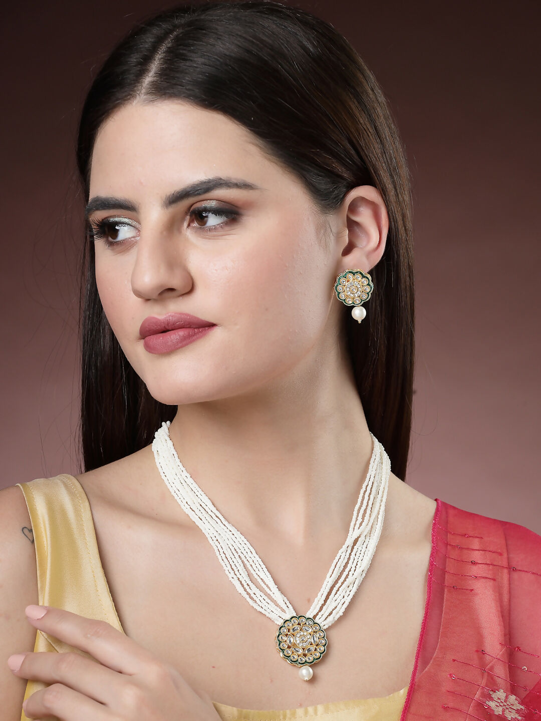 NVR Women's White & Gold-Polished Kundan & Pearl Jewellery Set