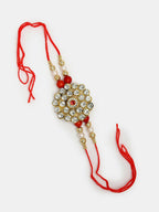 NVR Women & Men Set of 2 Red & Gold-Toned Stone-Studded & Beaded Bhaiya Bhabhi Rakhi With Roli Chawal - Distacart
