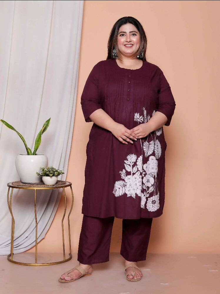 Miravan Womens Plus Size Wine Floral Kurta With Palazzo And Dupatta Set - Distacart