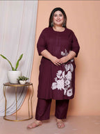 Miravan Womens Plus Size Wine Floral Kurta With Palazzo And Dupatta Set - Distacart