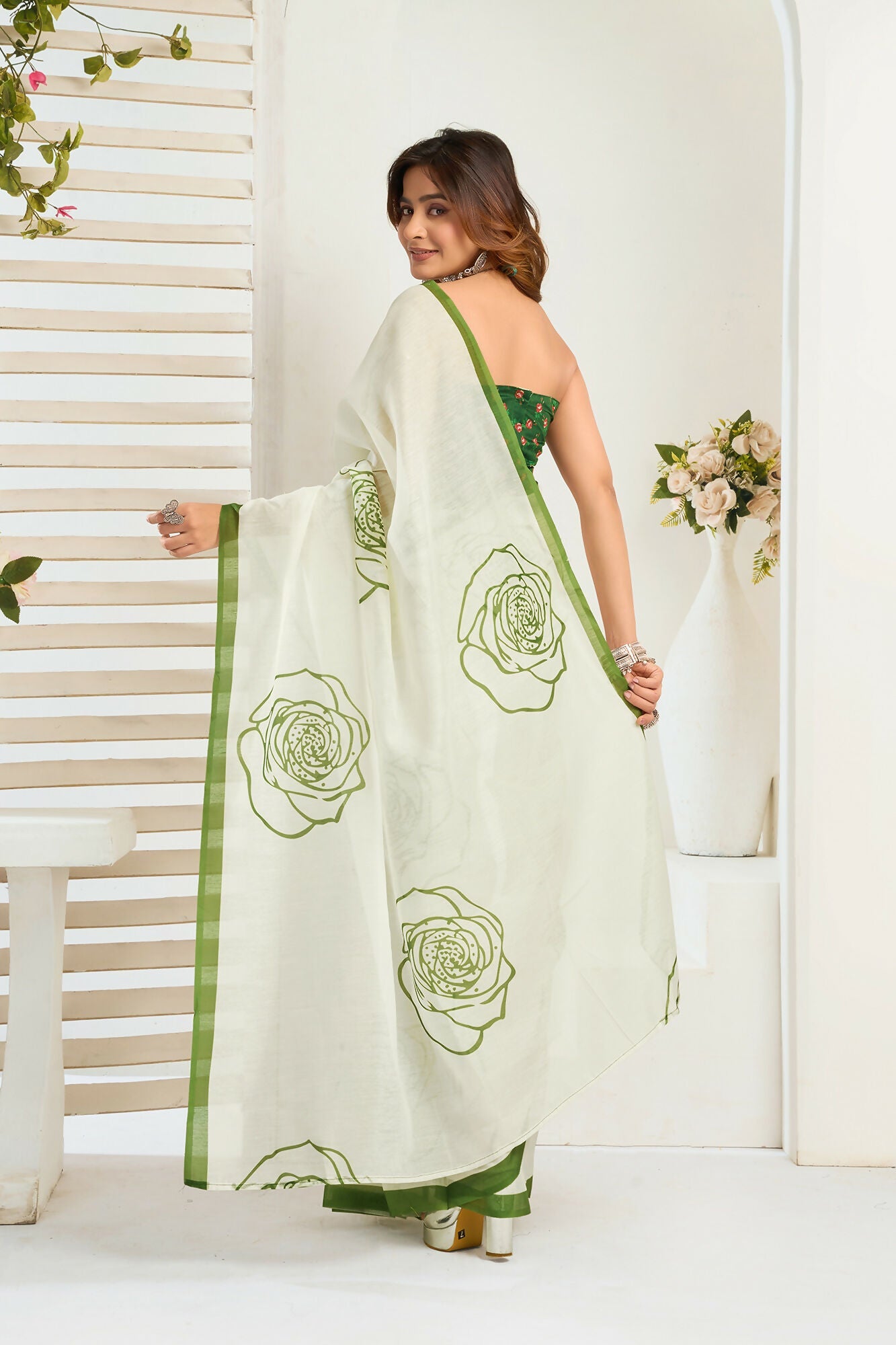 Vastranavya Green Digital Printed Linen Ready To Wear Designer Saree with Unstitched Blouse - Distacart
