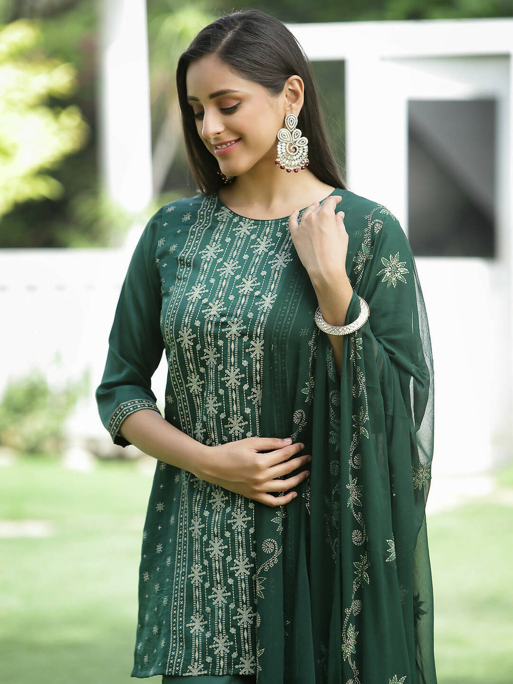 Juniper Green Mono Viscose Festive Wear Printed Straight Kurta Sharara Dupatta Set - Distacart