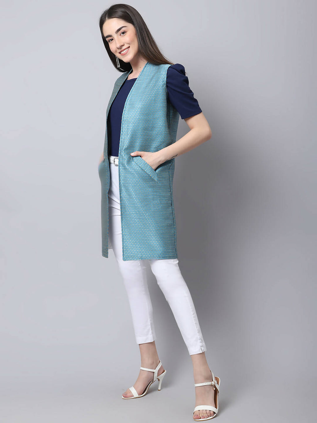 Even Apparels Blue Bansari Silk Open Front Women's Long Coat - Distacart