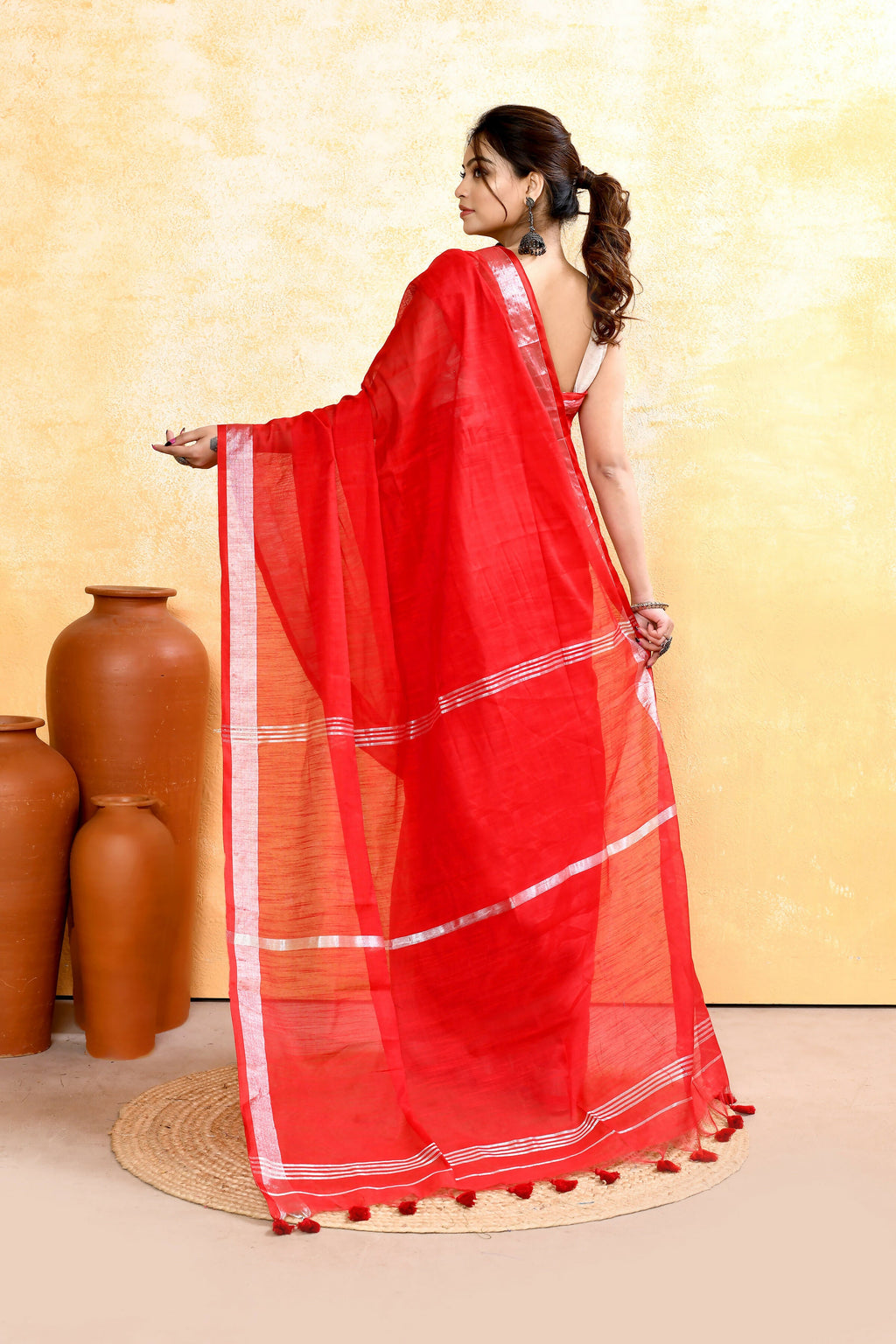 Piyari Fashion Women's Red Embellished Cotton Blend Zari Border Handloom Saree - Distacart