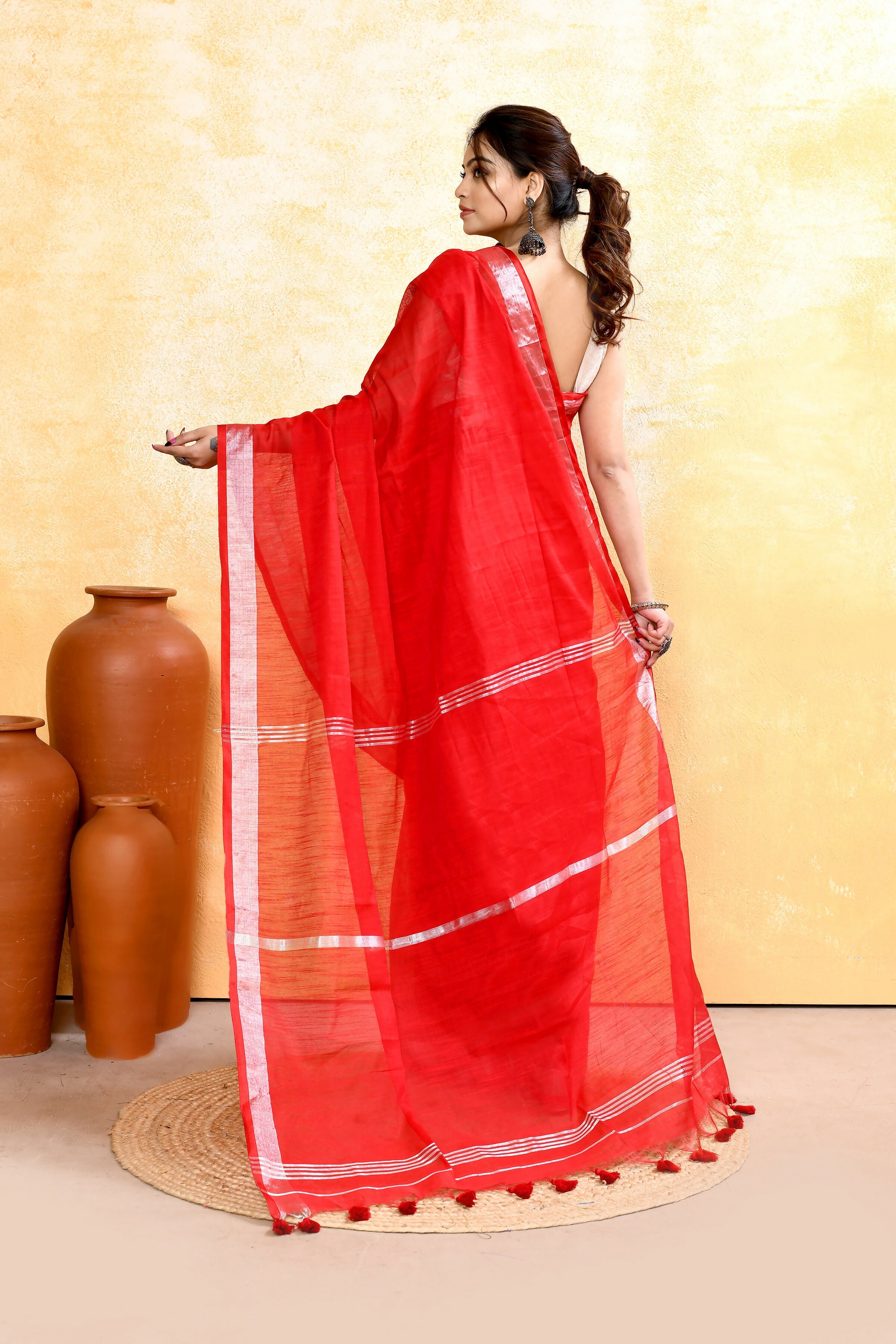 Piyari Fashion Women's Red Embellished Cotton Blend Zari Border Handloom Saree - Distacart