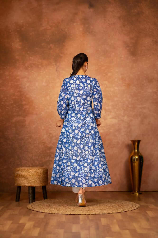 Joban Fashion Blue Floral Hand Block Printed Cotton Kurta Pant Set - Distacart
