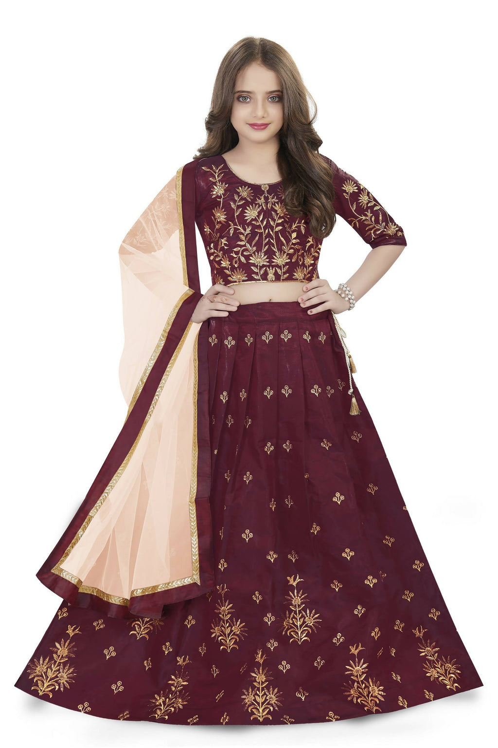 Dwiden Maroon Rohini Tafetta Sattin Semi-Stitched Girl's Lehenga Choli