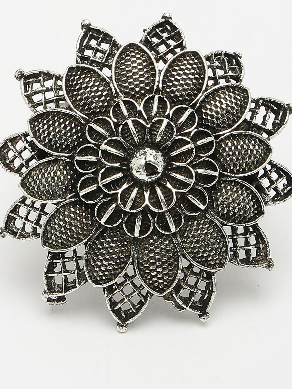 NVR Women's Silver-Toned Floral Shape Adjustable Finger Ring