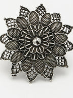 NVR Women's Silver-Toned Floral Shape Adjustable Finger Ring