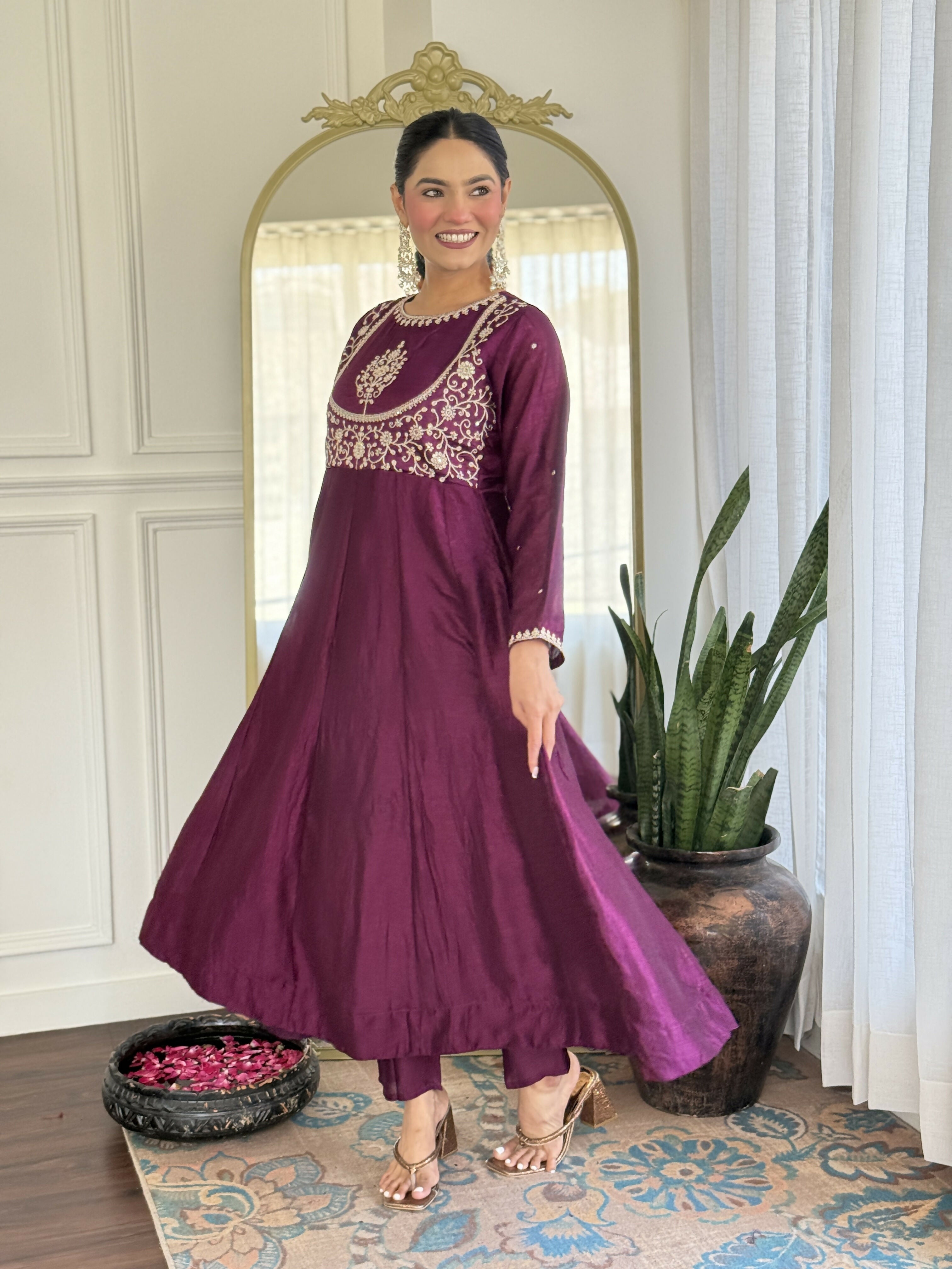 The52 Purple Women's Gorgeous Embroidered Vichitra Silk Fabric Flared Kurta Pant with Dupatta Set - Distacart
