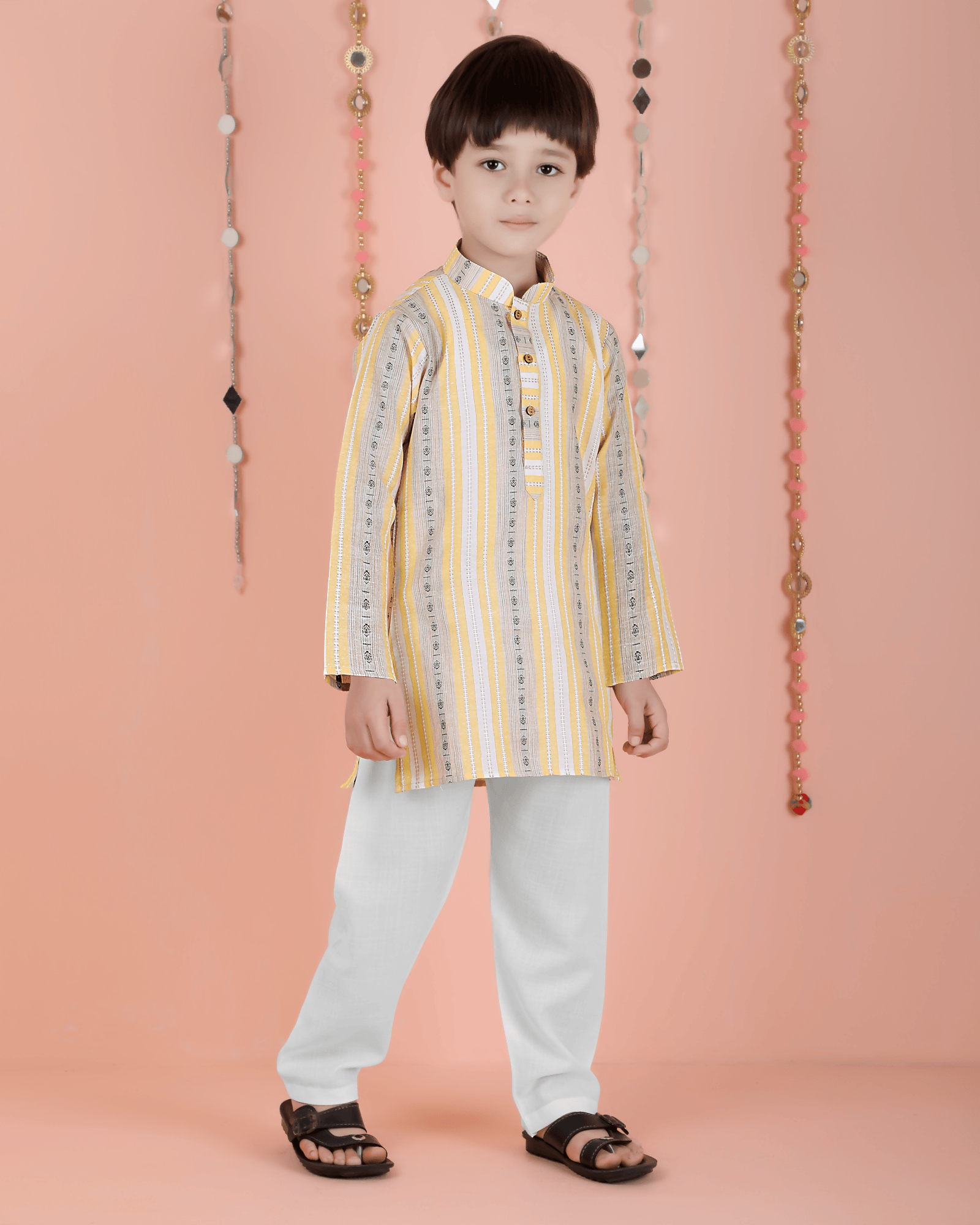 Joban Fashion Kids Island Cotton Full Sleeves Striped Kurta and Pyjama- Yellow - Distacart