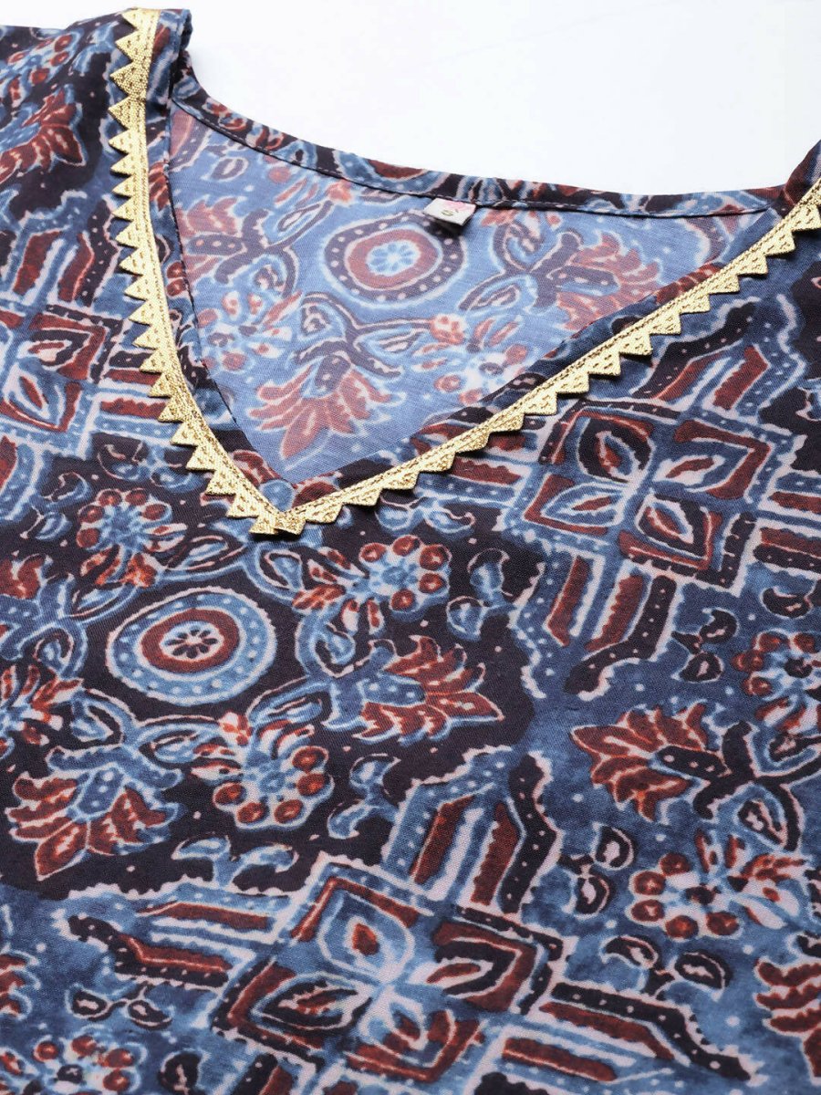 Ahalyaa Navy Blue & Maroon Floral Print Kaftan Kurta - Distacart