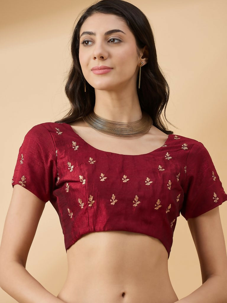 Maroon Silk Blend Embroidered Saree with Unstitched Blouse - Vairagi